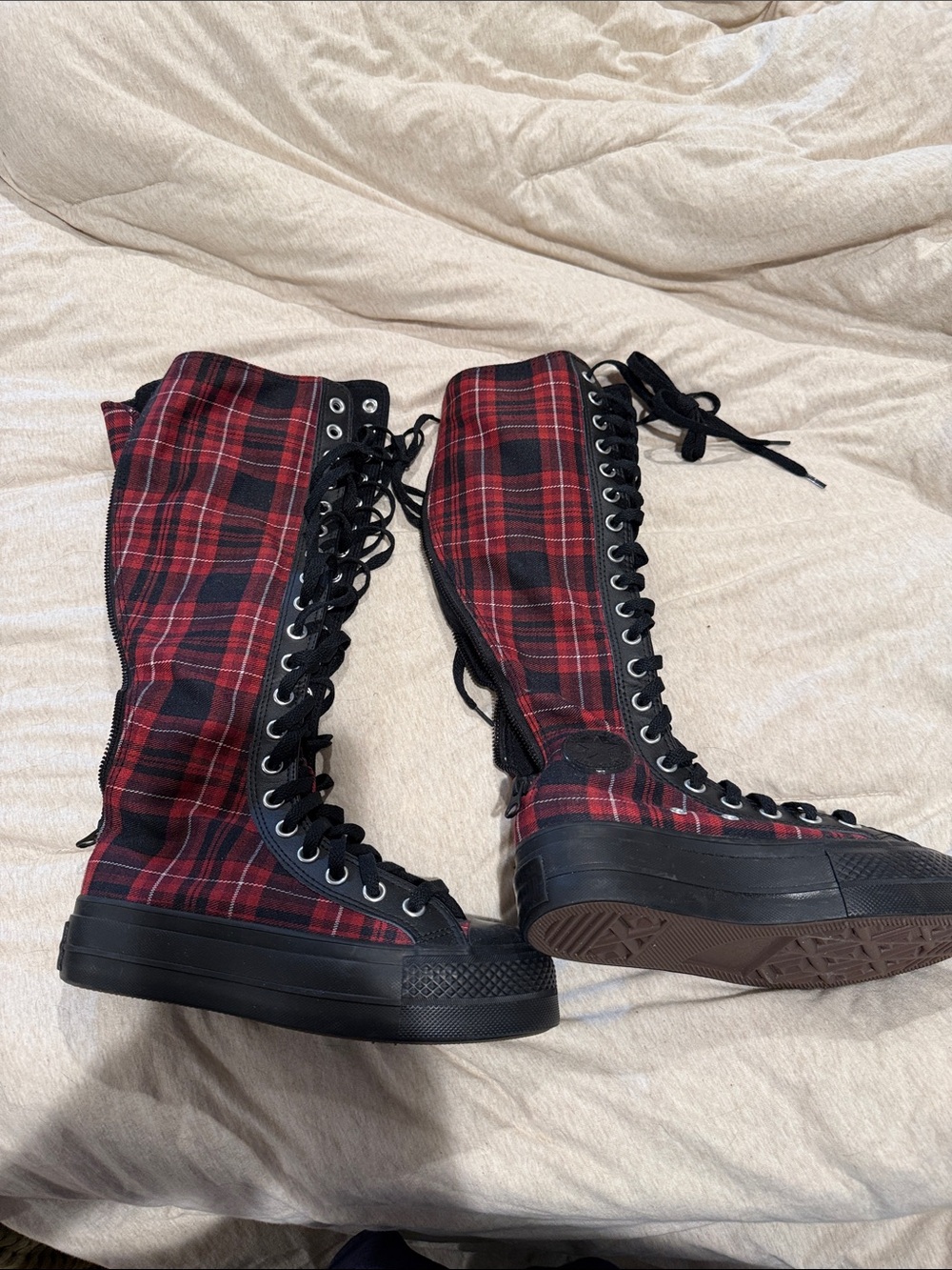 Converse Red Plaid Knee-High Lace-Up Boots